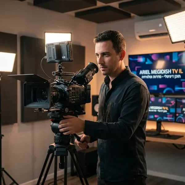 יוצר תוכן מקצועי מצלם בציוד מתקדם באולפן מודרני