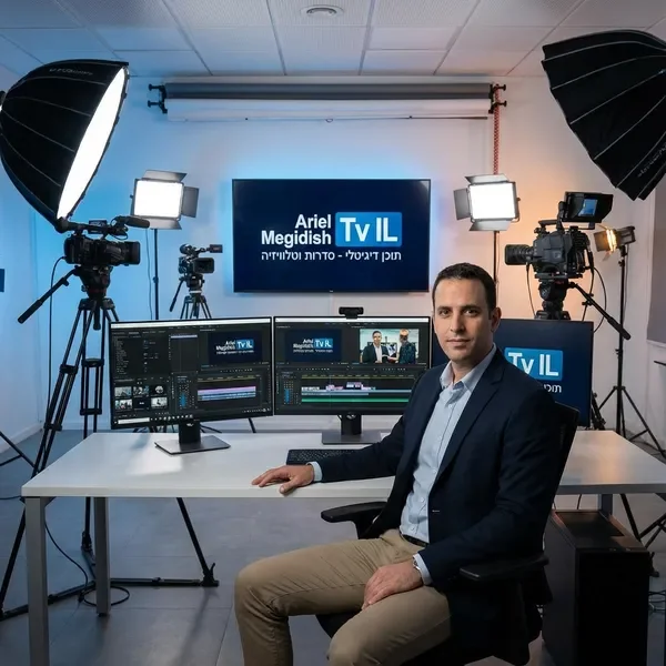 יוצר תוכן מקצועי באולפן מודרני עם מצלמות ותאורה